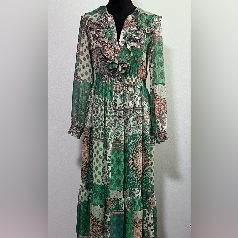 ZARA Long Sleeve Chiffon Semi Sheer Patchwork Lined Maxi Dress- S - Picture 3 of 9